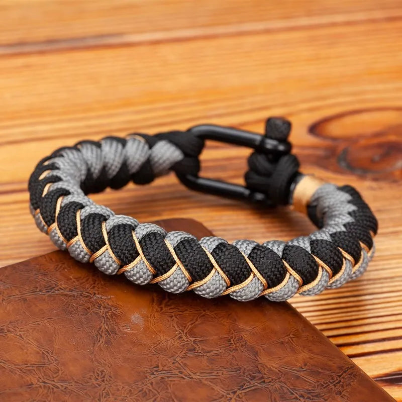 Pulsera de Supervivencia para Hombre – Cuerda Tejida con Hebilla en U de Acero Inoxidable Negro