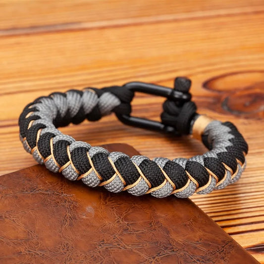 Pulsera de Supervivencia para Hombre – Cuerda Tejida con Hebilla en U de Acero Inoxidable Negro