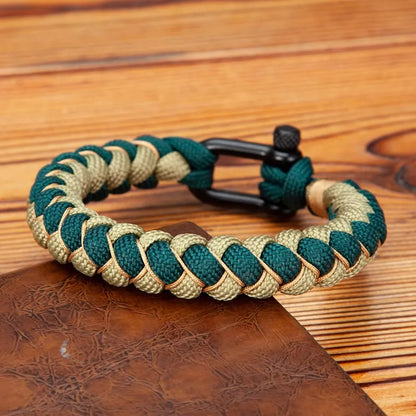 Pulsera de Supervivencia para Hombre – Cuerda Tejida con Hebilla en U de Acero Inoxidable Negro