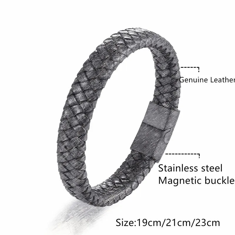 Pulsera de Cuero Trenzado Estilo Punk para Hombre – Cierre Magnético de Acero Inoxidable Negro