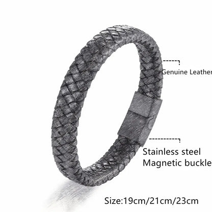 Pulsera de Cuero Trenzado Estilo Punk para Hombre – Cierre Magnético de Acero Inoxidable Negro