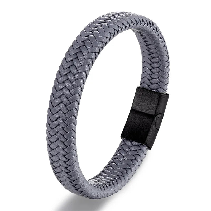 Pulsera de Cuero Trenzado Estilo Punk para Hombre – Cierre Magnético de Acero Inoxidable Negro