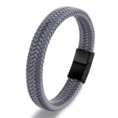 Pulsera de Cuero Trenzado Estilo Punk para Hombre – Cierre Magnético de Acero Inoxidable Negro