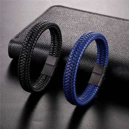 Pulsera de Cuero Trenzado Estilo Punk para Hombre – Cierre Magnético de Acero Inoxidable Negro