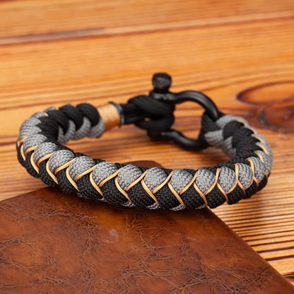 Pulsera de Supervivencia para Hombre – Cuerda Tejida con Hebilla en U de Acero Inoxidable Negro
