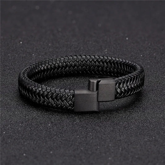 Pulsera de Cuero Trenzado Estilo Punk para Hombre – Cierre Magnético de Acero Inoxidable Negro