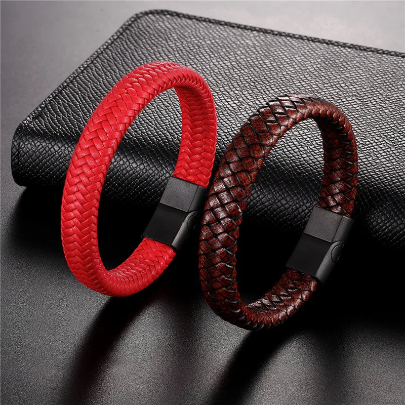 Pulsera de Cuero Trenzado Estilo Punk para Hombre – Cierre Magnético de Acero Inoxidable Negro