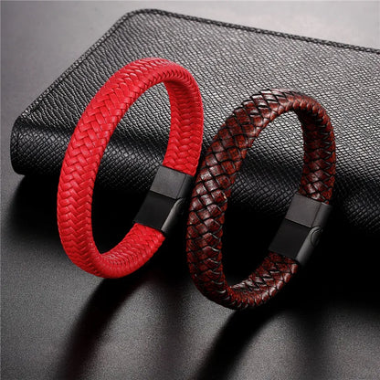 Pulsera de Cuero Trenzado Estilo Punk para Hombre – Cierre Magnético de Acero Inoxidable Negro