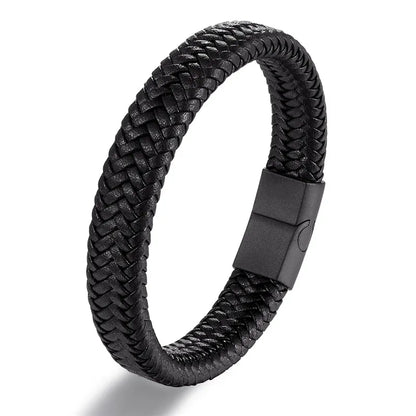 Pulsera de Cuero Trenzado Estilo Punk para Hombre – Cierre Magnético de Acero Inoxidable Negro
