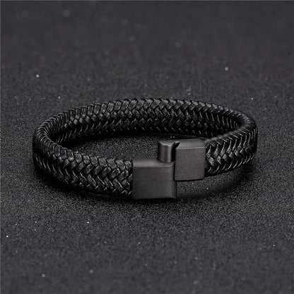 Pulsera de Cuero Trenzado Estilo Punk para Hombre – Cierre Magnético de Acero Inoxidable Negro