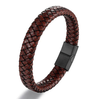 Pulsera de Cuero Trenzado Estilo Punk para Hombre – Cierre Magnético de Acero Inoxidable Negro