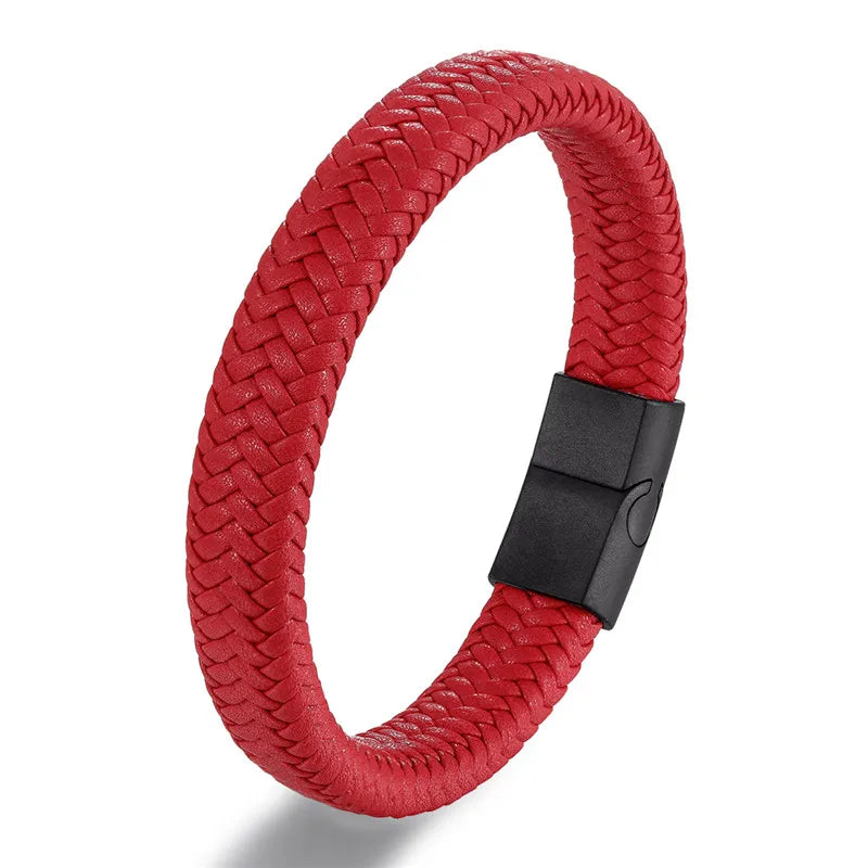 Pulsera de Cuero Trenzado Estilo Punk para Hombre – Cierre Magnético de Acero Inoxidable Negro
