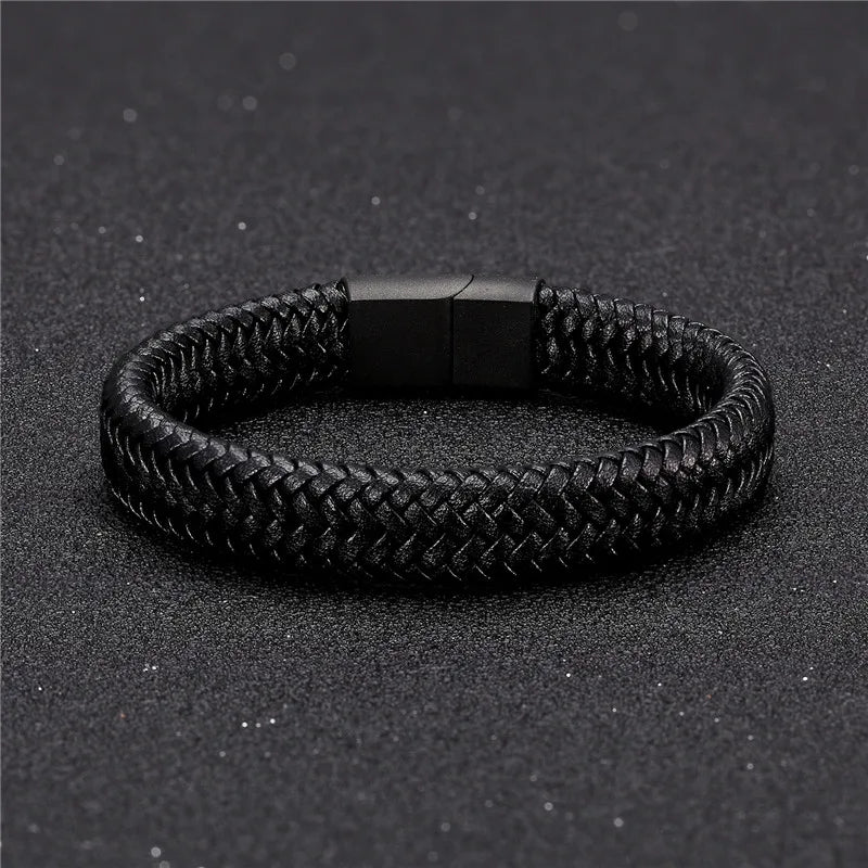 Pulsera de Cuero Trenzado Estilo Punk para Hombre – Cierre Magnético de Acero Inoxidable Negro