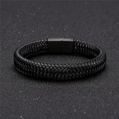 Pulsera de Cuero Trenzado Estilo Punk para Hombre – Cierre Magnético de Acero Inoxidable Negro