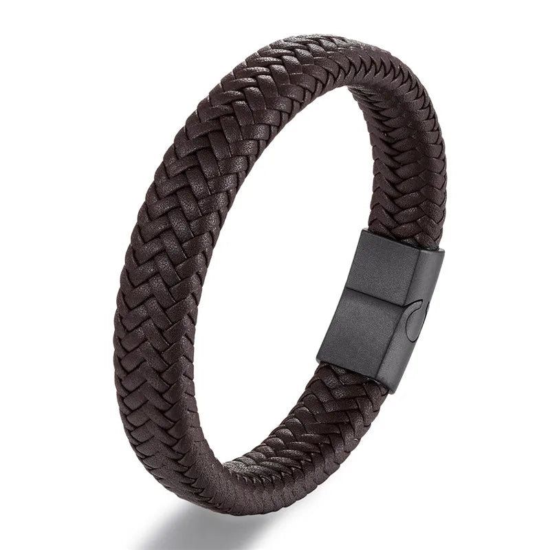 Pulsera de Cuero Trenzado Estilo Punk para Hombre – Cierre Magnético de Acero Inoxidable Negro