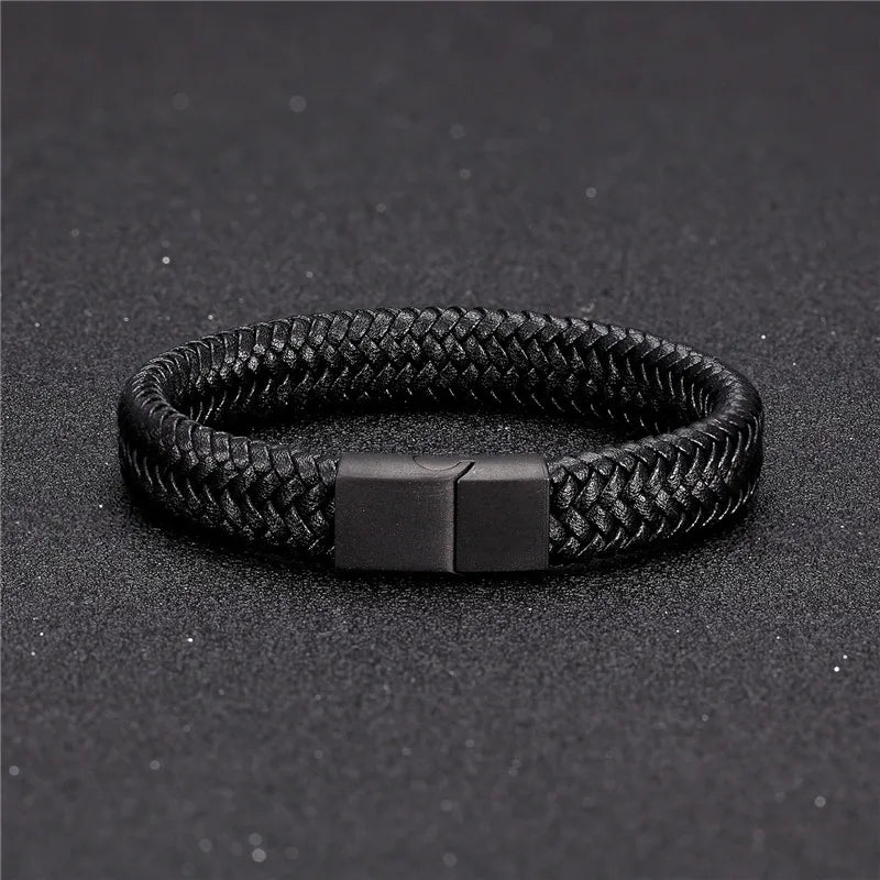 Pulsera de Cuero Trenzado Estilo Punk para Hombre – Cierre Magnético de Acero Inoxidable Negro