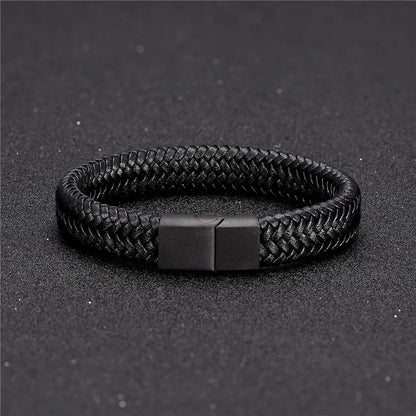 Pulsera de Cuero Trenzado Estilo Punk para Hombre – Cierre Magnético de Acero Inoxidable Negro