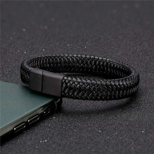 Pulsera de Cuero Trenzado Estilo Punk para Hombre – Cierre Magnético de Acero Inoxidable Negro