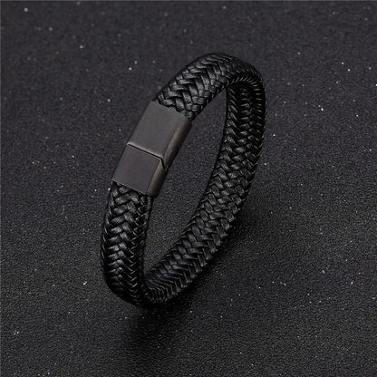 Pulsera de Cuero Trenzado Estilo Punk para Hombre – Cierre Magnético de Acero Inoxidable Negro