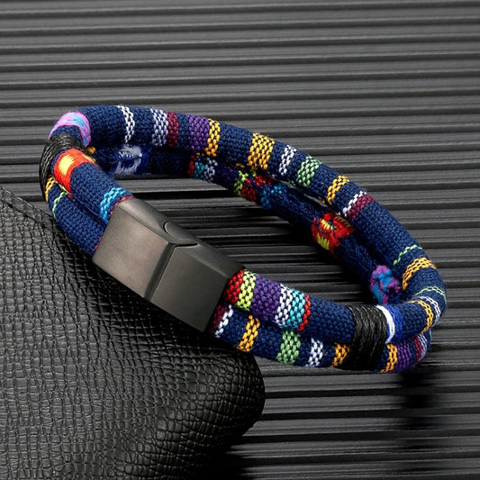 Pulsera de Cuerda Impermeable para Surfista – Tejido a Mano, Doble Capa y Acero Inoxidable Negro