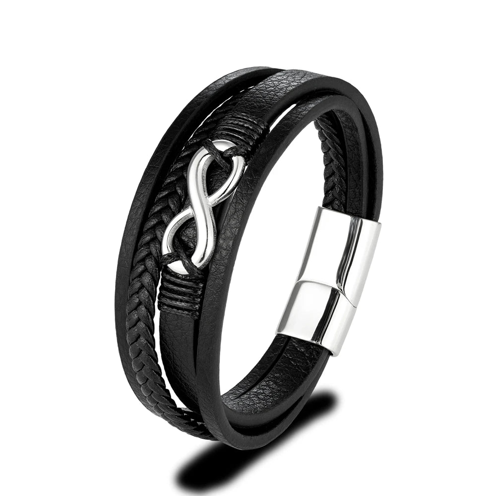 Pulsera Infinity de Cuero Trenzado Multicapa – Unisex, con Detalles en Acero Inoxidable Negro