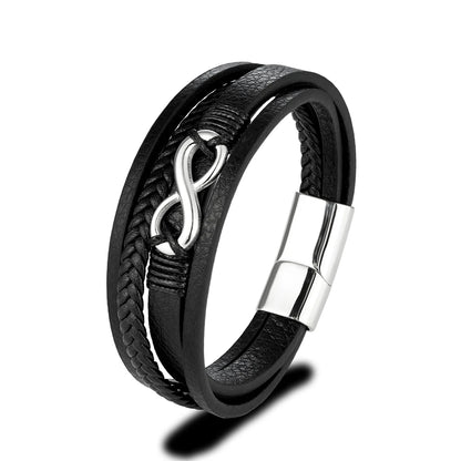 Pulsera Infinity de Cuero Trenzado Multicapa – Unisex, con Detalles en Acero Inoxidable Negro