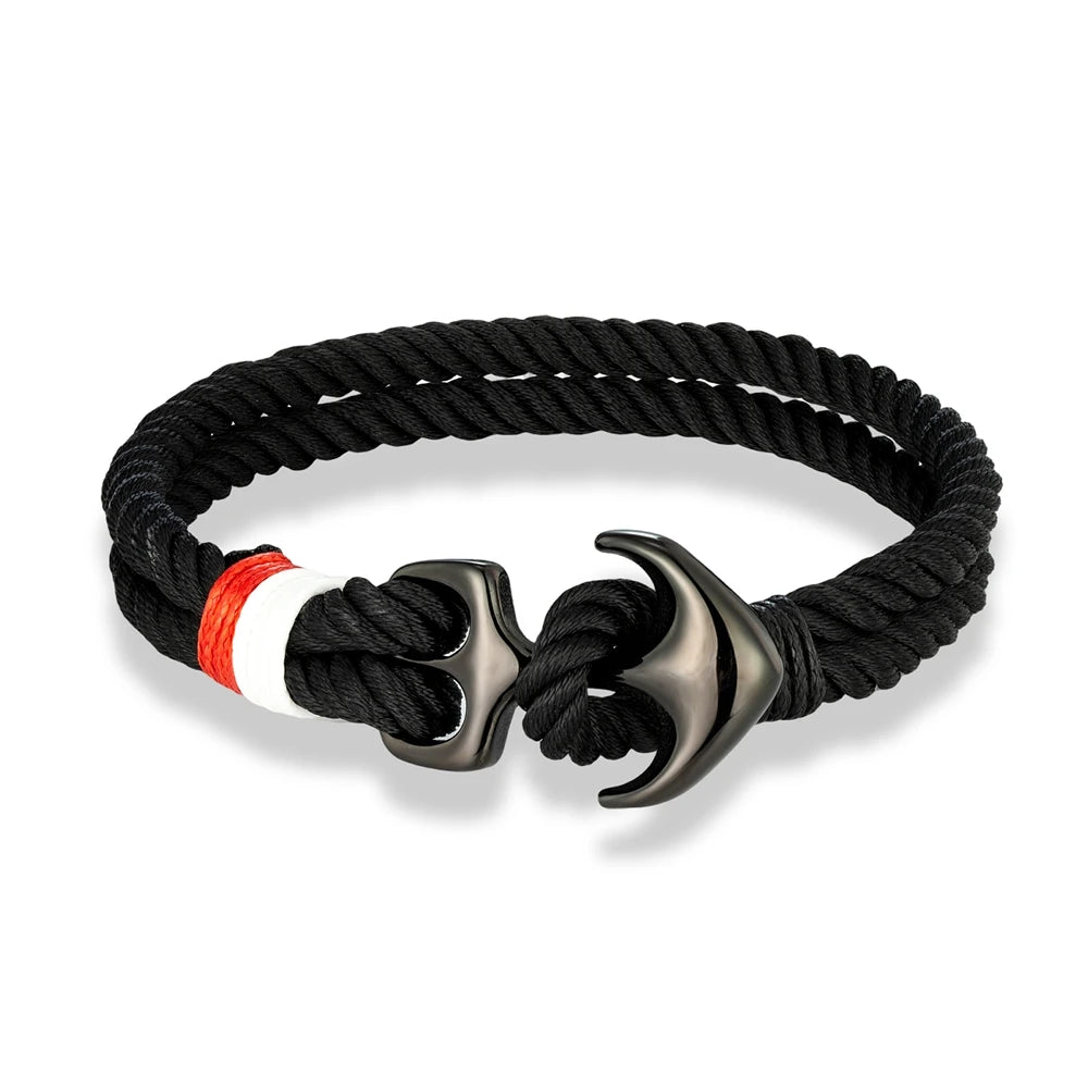 Pulsera Náutica con Ancla – Cuerda Impermeable de Doble Hebra y Hebilla de Acero Inoxidable Negro Unisex