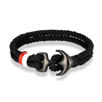 Pulsera Náutica con Ancla – Cuerda Impermeable de Doble Hebra y Hebilla de Acero Inoxidable Negro Unisex