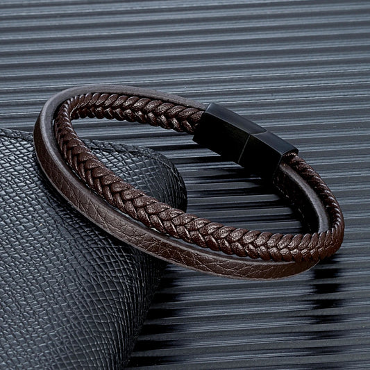Pulsera Minimalista de Cuero Trenzado Doble para Hombre – Hebilla Negra Mate de Acero Inoxidable