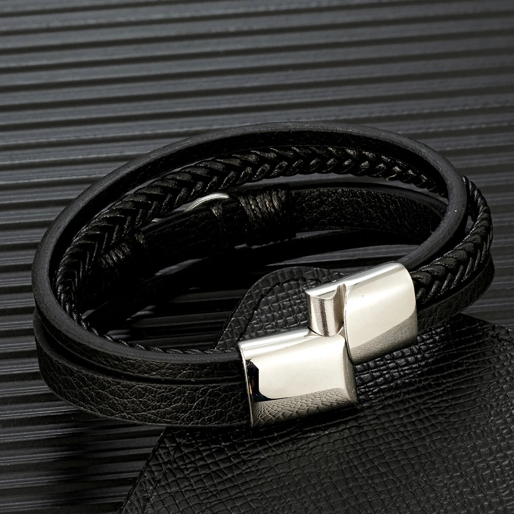 Pulsera Infinity de Cuero Trenzado Multicapa – Unisex, con Detalles en Acero Inoxidable Negro