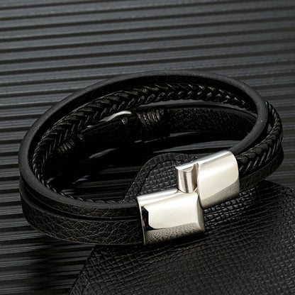 Pulsera Infinity de Cuero Trenzado Multicapa – Unisex, con Detalles en Acero Inoxidable Negro