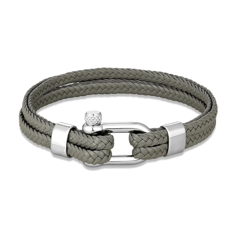 Pulsera de Cuero Azul Marino Trenzado Multicapa – Unisex, con Grillete en U de Acero Inoxidable