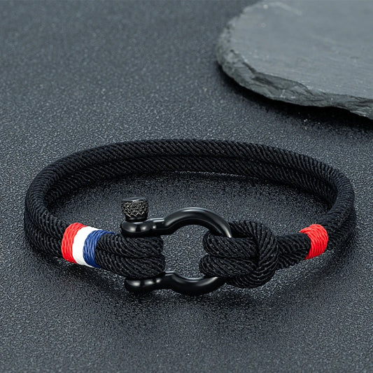 Pulsera Tejida de Doble Capa con Hebilla de Grillete Negro – Unisex, Diseño Artesanal con Detalle de Bandera Francesa