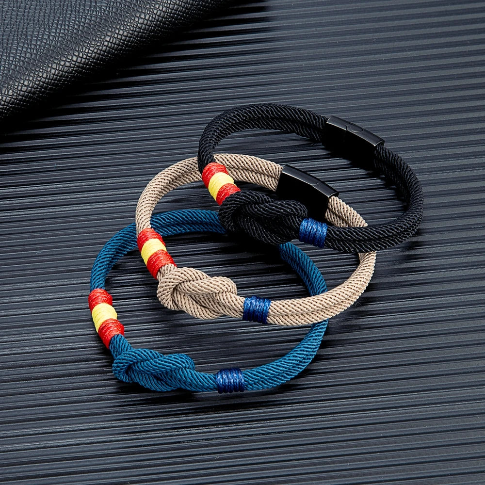 Pulsera Náutica Unisex con Bandera de España – Cuerda de Doble Hebra y Hebilla Magnética de Acero Inoxidable Negro
