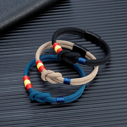 Pulsera Náutica Unisex con Bandera de España – Cuerda de Doble Hebra y Hebilla Magnética de Acero Inoxidable Negro
