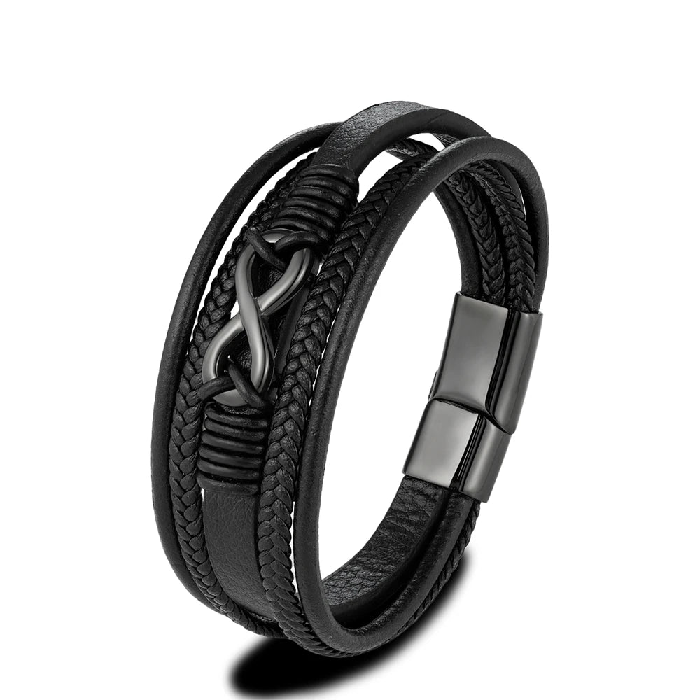 Pulsera Infinity de Cuero Trenzado Multicapa – Unisex, con Detalles en Acero Inoxidable Negro