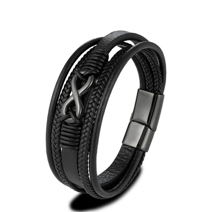 Pulsera Infinity de Cuero Trenzado Multicapa – Unisex, con Detalles en Acero Inoxidable Negro