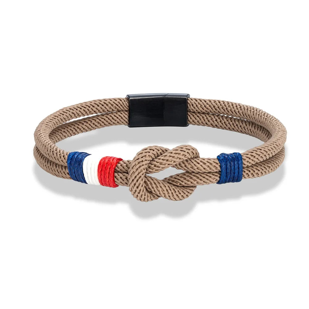 Pulsera Tejida de Doble Capa con Nudo Cuadrado – Unisex, Acero Inoxidable y Detalle de Bandera Francesa
