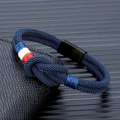 Pulsera Tejida de Doble Capa con Nudo Cuadrado – Unisex, Acero Inoxidable y Detalle de Bandera Francesa