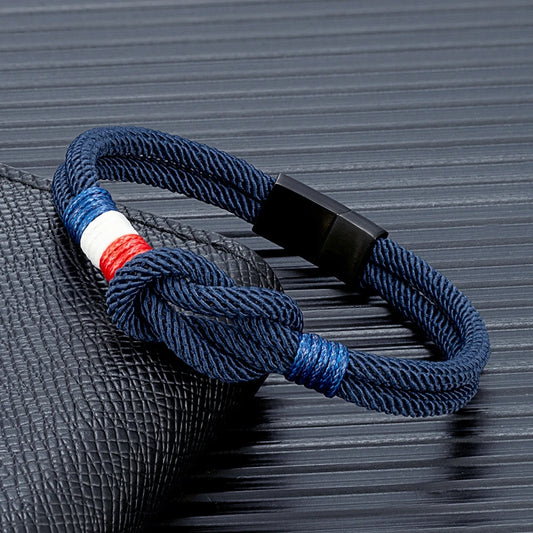 Pulsera Tejida de Doble Capa con Nudo Cuadrado – Unisex, Acero Inoxidable y Detalle de Bandera Francesa