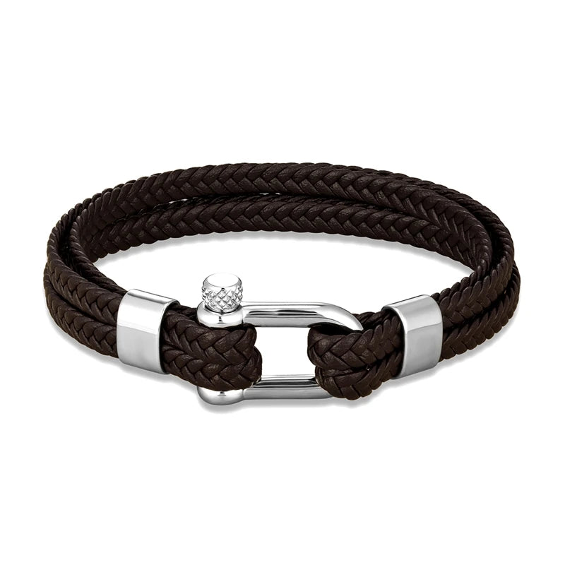 Pulsera de Cuero Azul Marino Trenzado Multicapa – Unisex, con Grillete en U de Acero Inoxidable