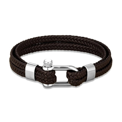 Pulsera de Cuero Azul Marino Trenzado Multicapa – Unisex, con Grillete en U de Acero Inoxidable