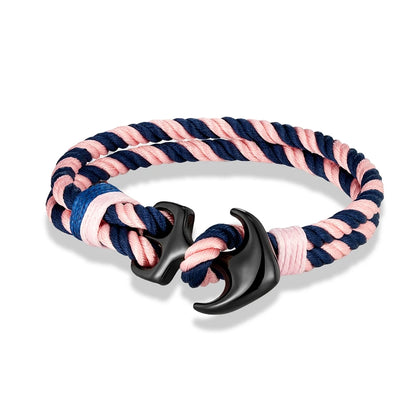 Pulsera Náutica con Ancla – Cuerda Impermeable de Doble Hebra y Hebilla de Acero Inoxidable Negro Unisex
