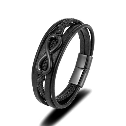 Pulsera Infinity de Cuero Trenzado Multicapa – Unisex, con Detalles en Acero Inoxidable Negro