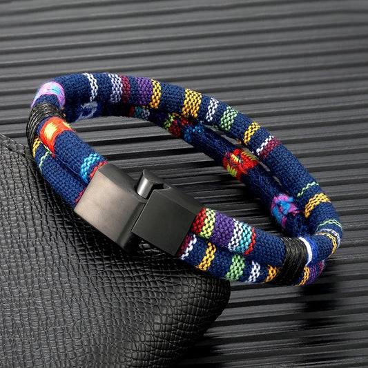 Pulsera de Cuerda Impermeable para Surfista – Tejido a Mano, Doble Capa y Acero Inoxidable Negro
