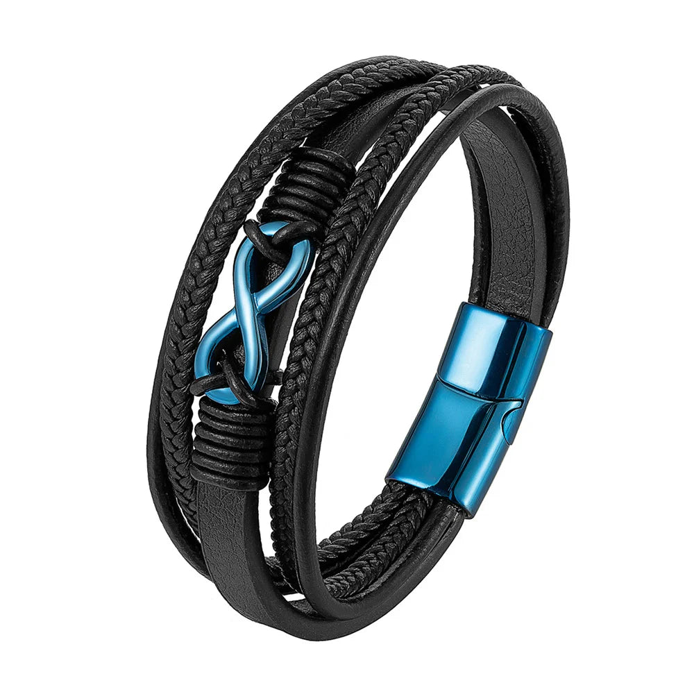 Pulsera Infinity de Cuero Trenzado Multicapa – Unisex, con Detalles en Acero Inoxidable Negro