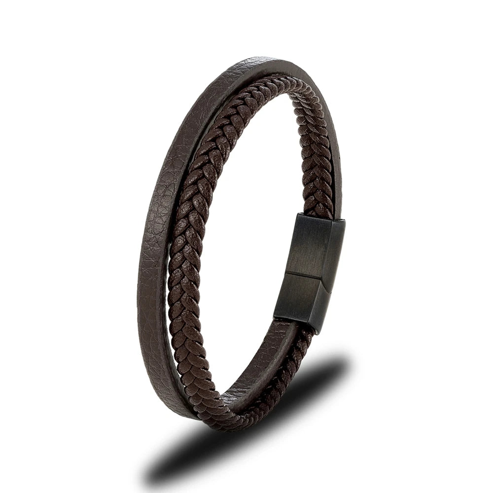 Pulsera Minimalista de Cuero Trenzado Doble para Hombre – Hebilla Negra Mate de Acero Inoxidable
