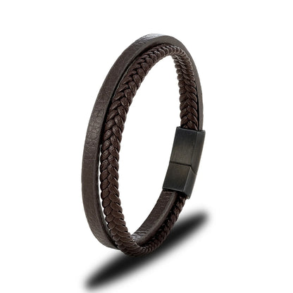 Pulsera Minimalista de Cuero Trenzado Doble para Hombre – Hebilla Negra Mate de Acero Inoxidable