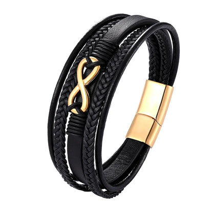 Pulsera Infinity de Cuero Trenzado Multicapa – Unisex, con Detalles en Acero Inoxidable Negro
