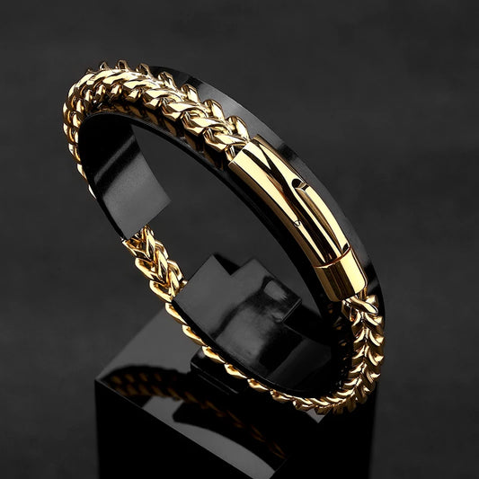 Pulsera de Cadena de Bicicleta Estilo Punk Rock para Hombre – Acero Inoxidable Chapado en Oro 18K con Cierre Magnético